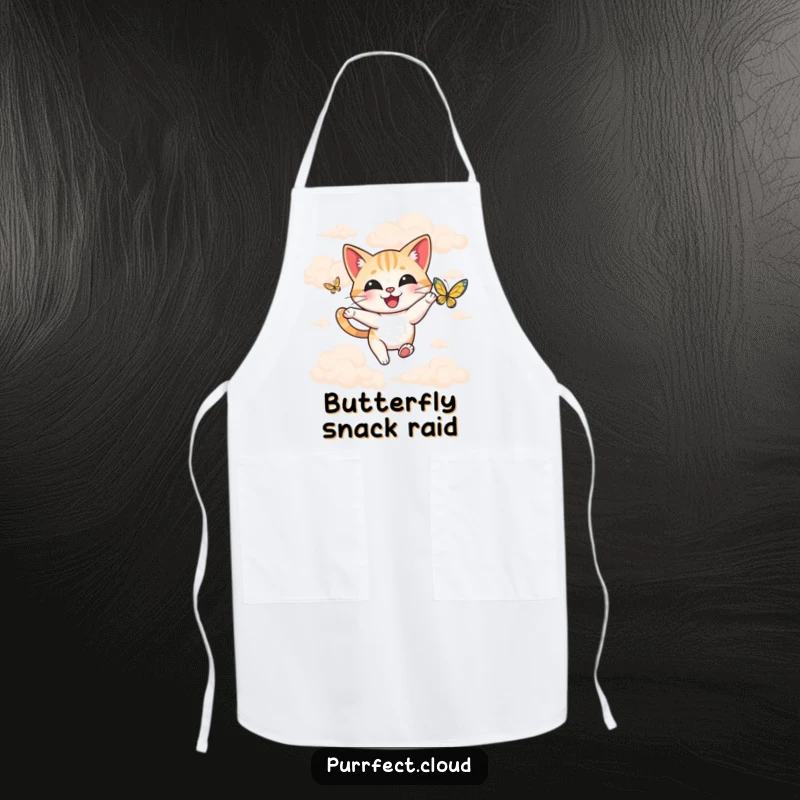 Funny happy cat chasing a butterfly among soft clouds, illustrated on a charming and functional apron.