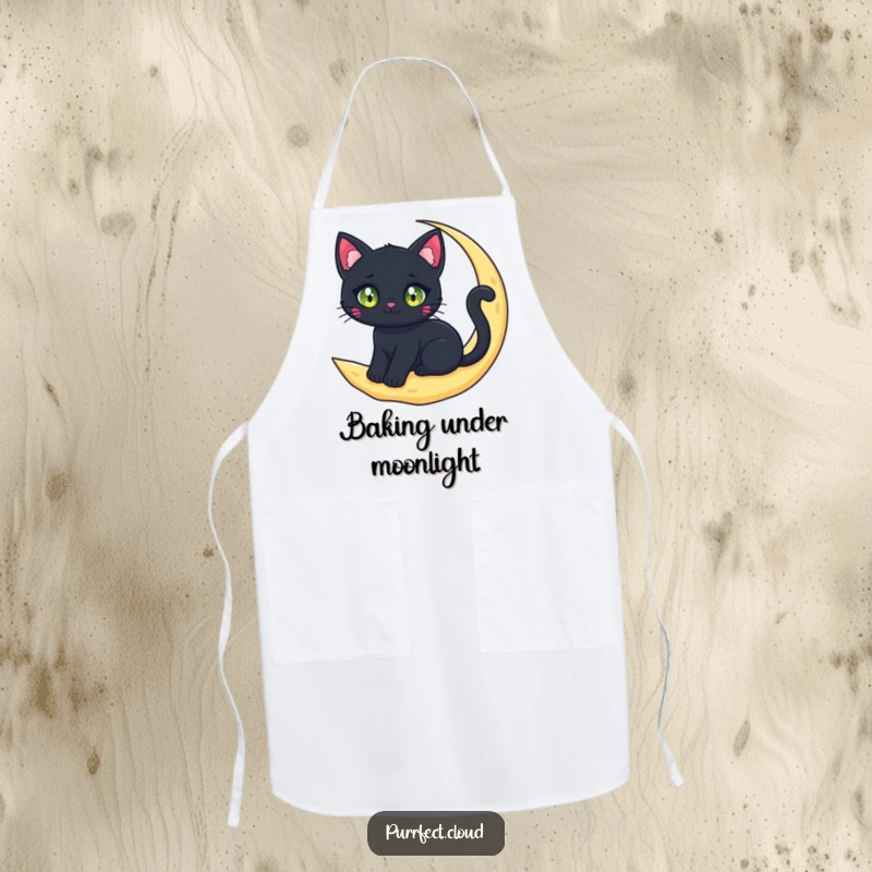 A black cat character with sparkling eyes sits on a crescent moon cloud, featured on a practical and funny apron.