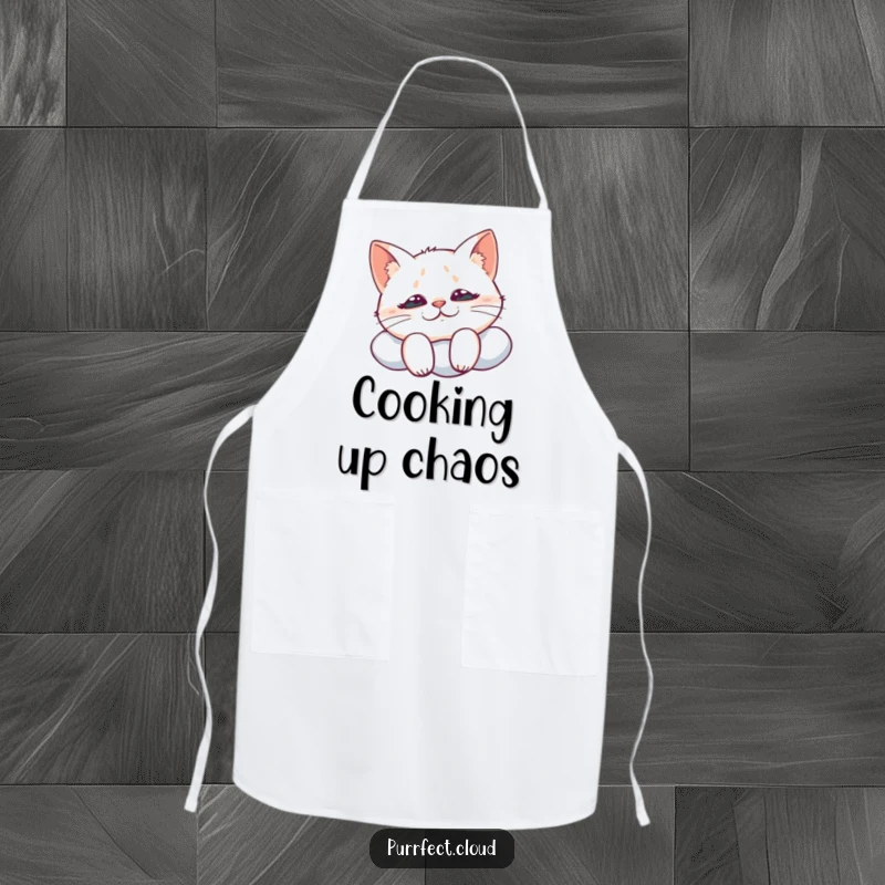 Funny apron showing a cat with a mischievous grin looking down from a cloud, bringing playful charm and sly humor to the kitchen.