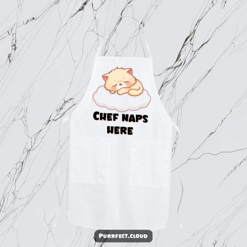 Funny cat apron with a fluffy cat sleeping on a cloud, kitchen charm, cute and practical, a great funny gift.