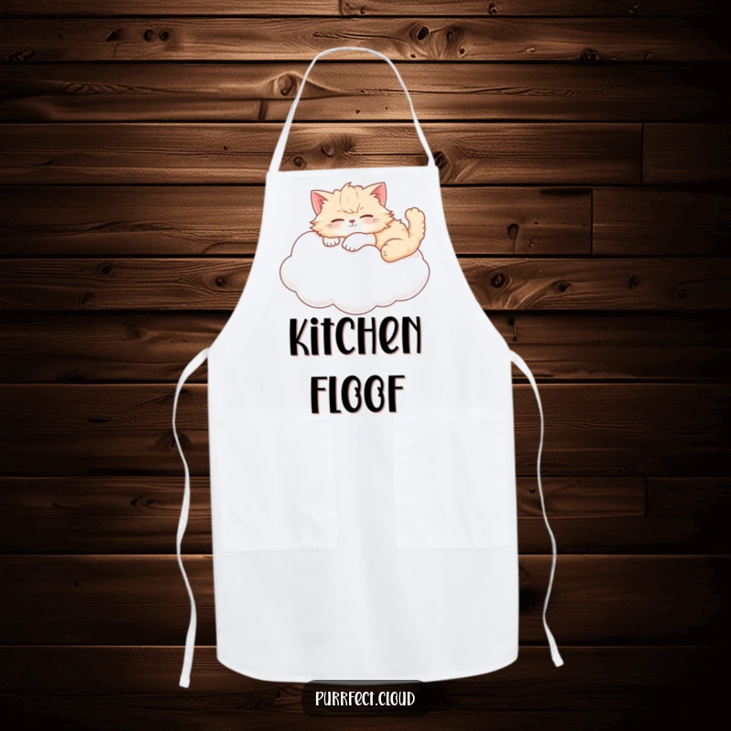 Funny cat apron showing a fluffy cat in a state of utter relaxation while lounging on a cloud.