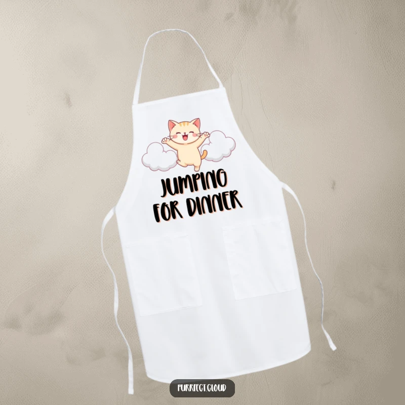 Funny Cat Leaping Apron, a cat leaps between clouds, energetic and joyful, kitchen accessory, humorous present.