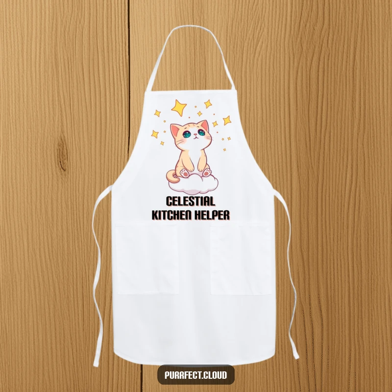 Funny cat on a cloud looking amazed at the stars while wearing a cute kitchen apron.