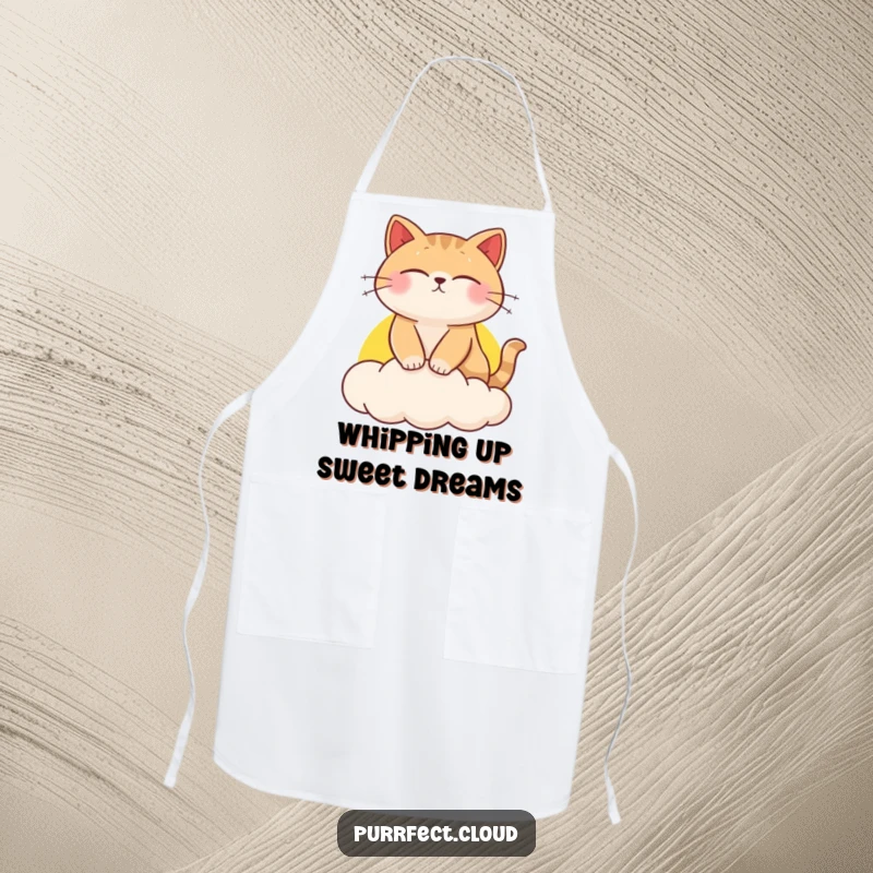Funny cat apron, a cat dreams on a sunset cloud, protective and humorous kitchen wear.