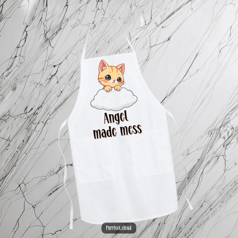 Funny curious cat peeking over a cloud, cute kitchen apron, great funny gift for bakers and cooks.