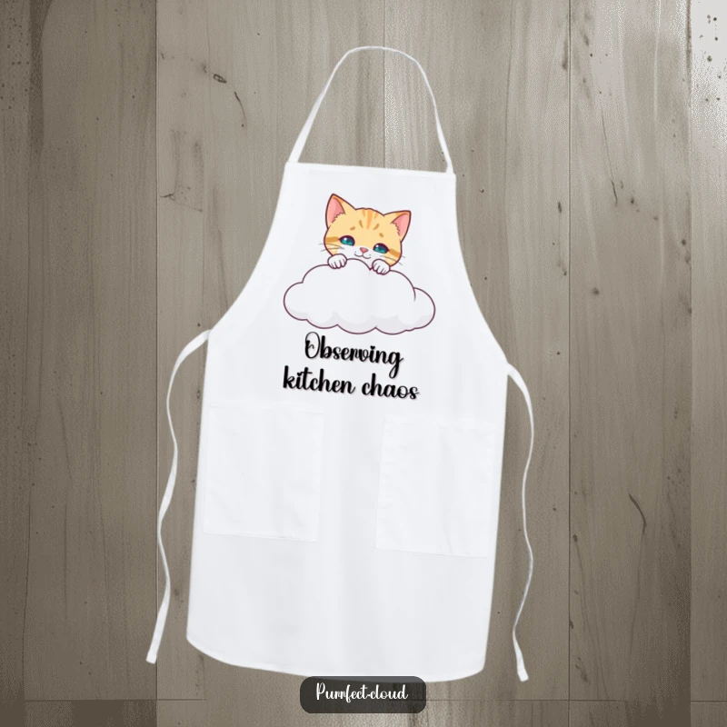 Funny Curious Cat Apron: A cat peering over a cloud's edge, looking down inquisitively, adding humor to kitchen tasks. A practical funny gift.