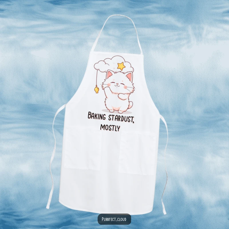 Funny fluffy cat character batting at a star from a cloud, this apron brings whimsical charm to kitchen tasks.