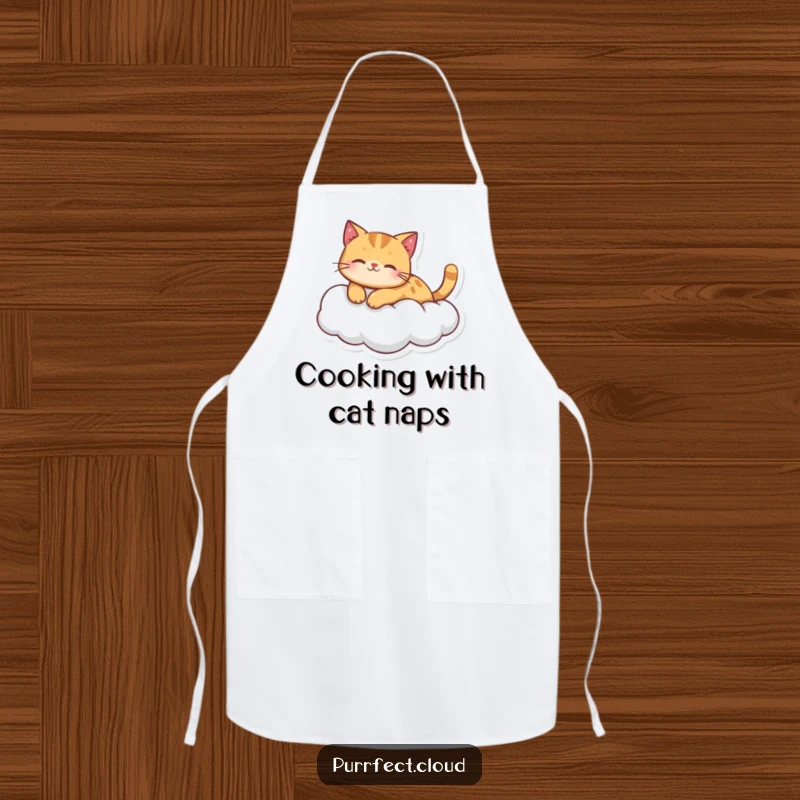 A ginger cat character peacefully floating on a cloud, featured on a practical and funny apron.