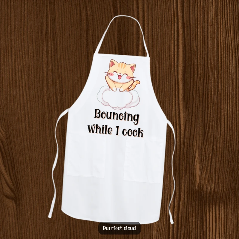 Funny kawaii cat apron showing a cute cat bouncing on a cloud, functional and cheerfully humorous for the kitchen.