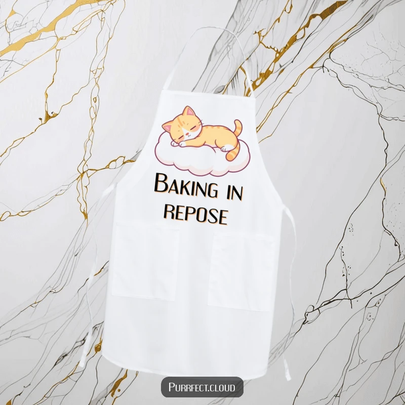 Funny cat stretching on a cloud, durable kitchen apron, great funny gift for home chefs.