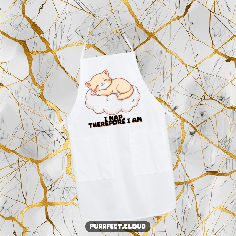Funny cat stretching lazily on a soft cotton cloud, worn by a chef, making this apron humorous.
