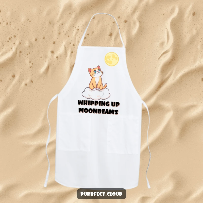 Funny apron featuring a cat on a cloud gazing at the moon, ideal for cooks who love cosmic themes and humor.