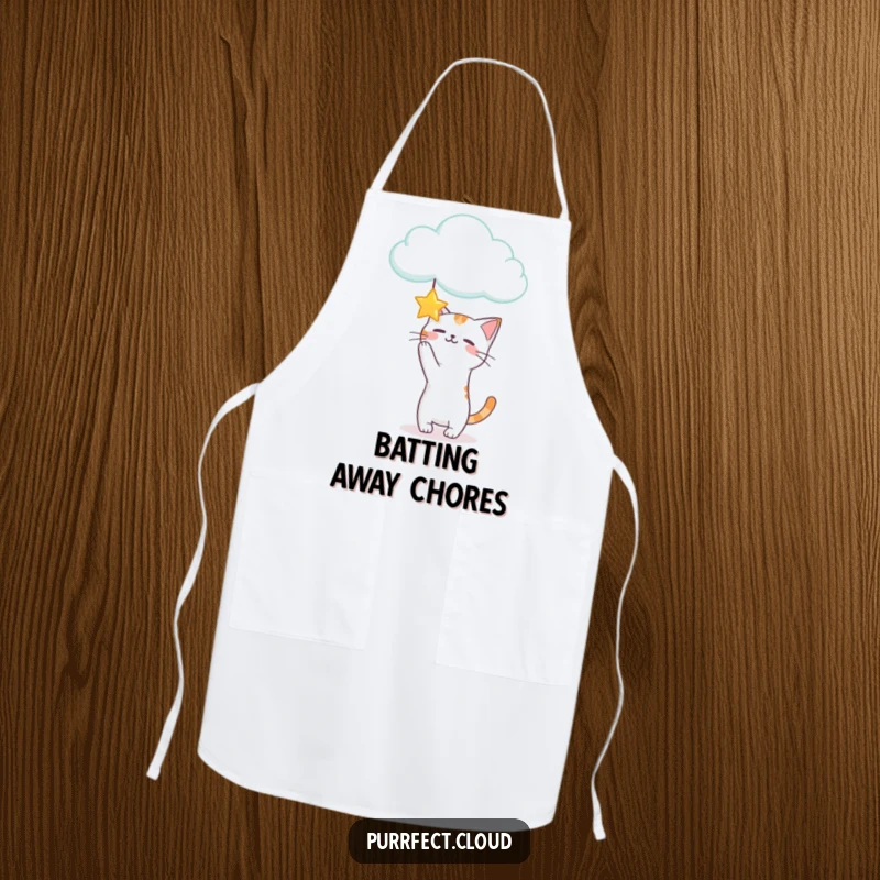 Funny Playful Cat Apron showing a cat reaching for a star from a cloud, perfect for a fun and humorous kitchen experience.