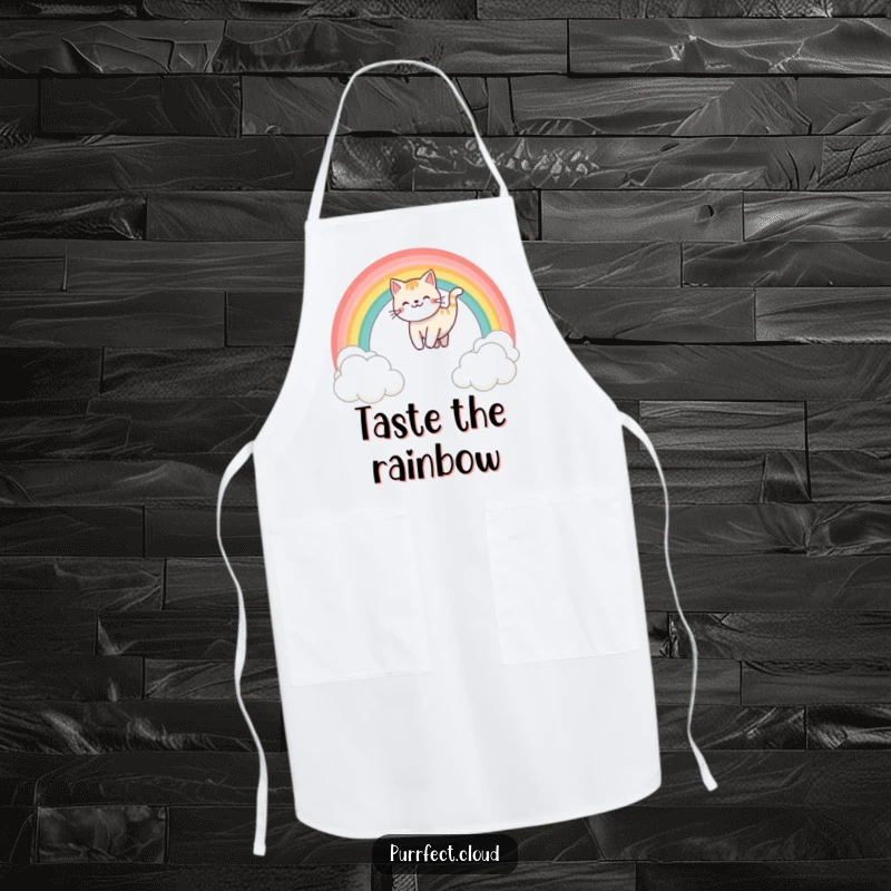 Funny rainbow sliding cat apron, depicting a happy cat sliding down a rainbow, adding humor and color to kitchen tasks, a great gift.