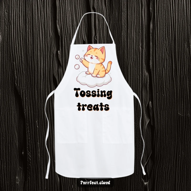 Funny cat apron, playing fetch with itself on a cloud, tossing a tiny ball, adds playful charm to the kitchen.