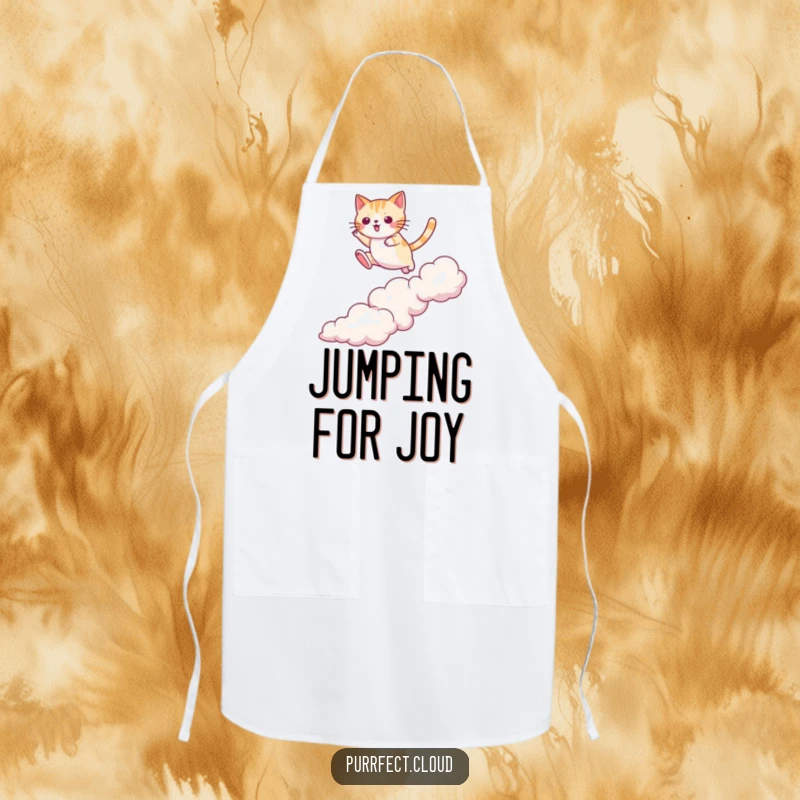 Funny cat apron with a cat jumping between clouds with agility, kitchen daring, practical and humorous, a great funny gift.