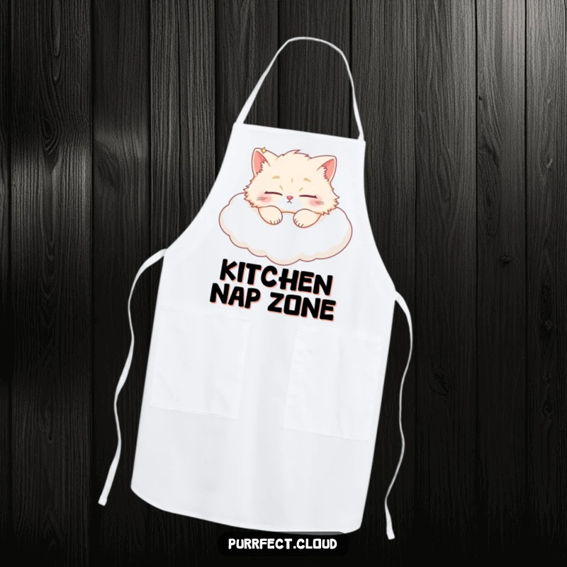 Funny fluffy cat in a deep sleep on a soft cloud, a serene and humorous apron for the kitchen.