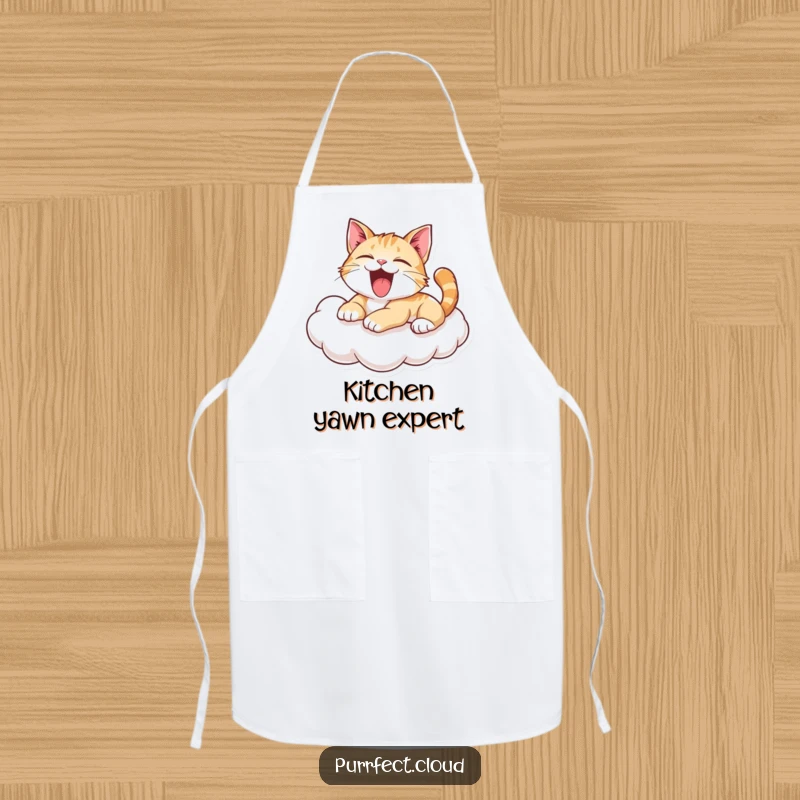Funny Yawning Cat Apron: Playful cat yawning while lounging on a cloud, making cooking tasks more humorous. A practical funny gift.