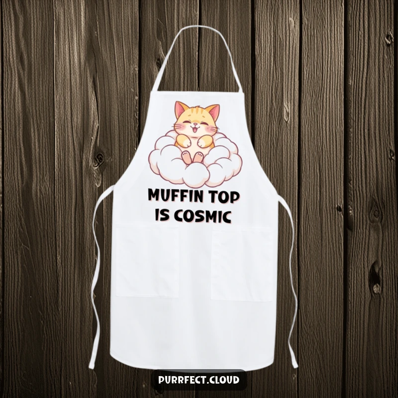 Funny apron depicting a happy cat rolling joyfully in soft, fluffy clouds, bringing whimsical charm to kitchen adventures and cooking.