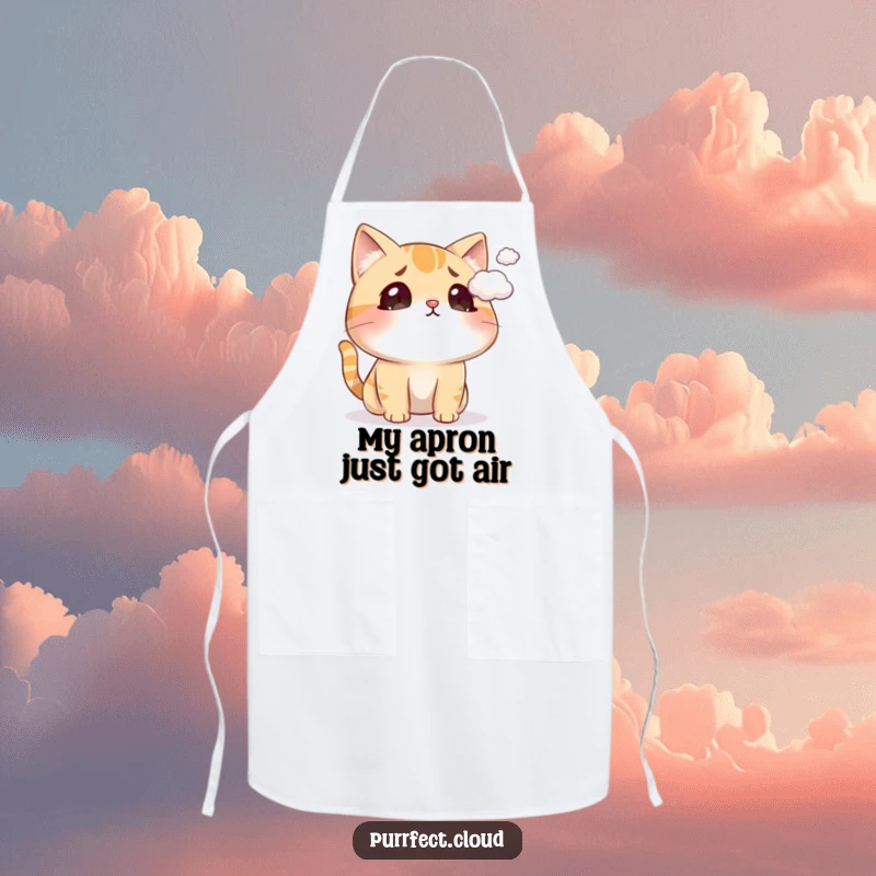 Funny cat apron showing a surprised cat being tickled by a cloud, functional and humorous for kitchen use.