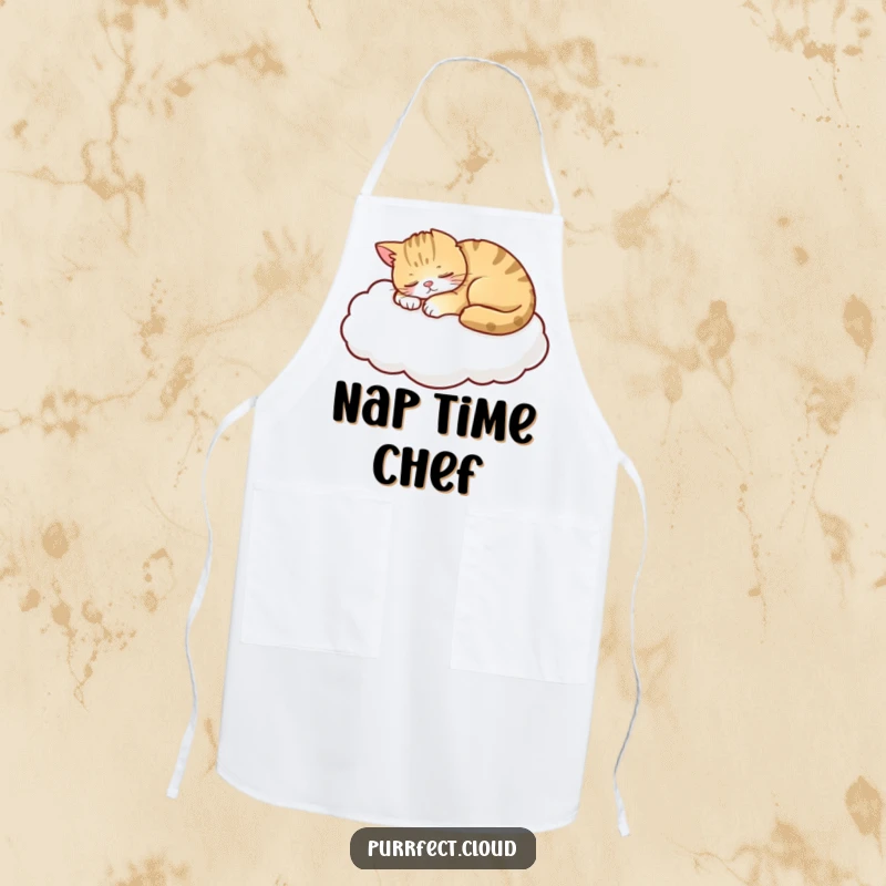 Funny Cat Apron, a peaceful cat napping on a cloud, perfect for adding humor and calm to kitchen activities, a serene culinary accessory.
