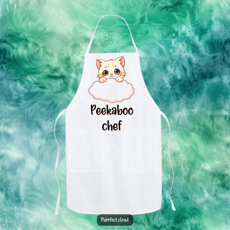 Funny curious cat cloud apron, showing a cat peeking over a cloud with wide eyes, adding humor and intrigue to kitchen activities, a great gift.