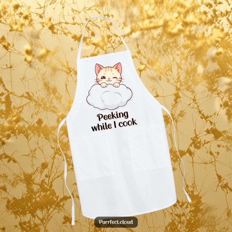 Funny apron with a curious cat peeking over a cloud, ready to assist in the kitchen with playful mischief.