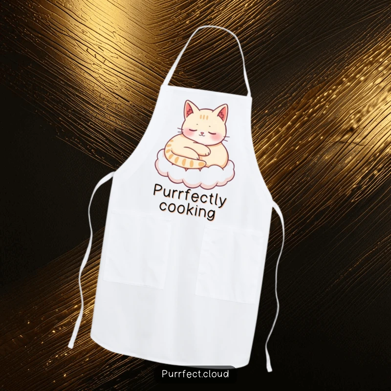 Funny apron with a content cat curled up on a cloud, purring, bringing peaceful humor to culinary tasks.