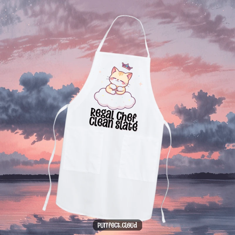 Funny regal cat apron with a cat lounging regally on a cloud decorated with sparkles, ideal for a luxurious and charming cooking experience.