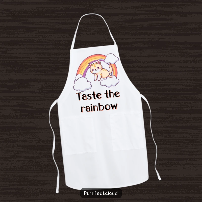Funny apron depicting a cat sliding down a rainbow arc, ideal for a chef who loves whimsy and culinary magic.