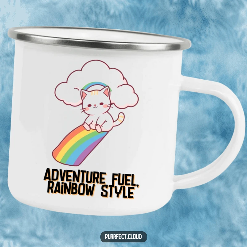 Funny cat character sliding down a rainbow from a cloud, depicted on a sturdy enamel camping mug for outdoor enjoyment.
