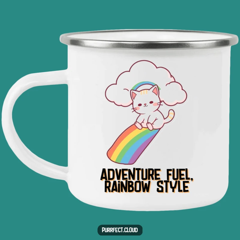 Funny Cat Rainbow Slide Enamel Mug - Whimsical Cloud Campfire Companion