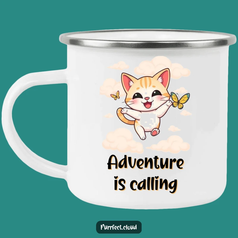 Funny Happy Cat Butterfly Camping Mug - Whimsical Companion for Outdoor Fun