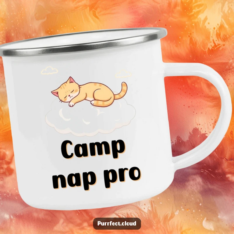 Funny napping cloud cat camping mug, featuring a cat sleeping soundly on a cloud.