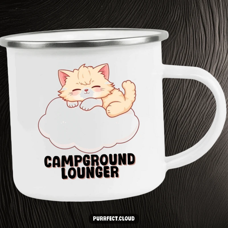 Funny cat camping mug showing a tranquil, fluffy cat lounging comfortably on a soft, dreamy cloud.