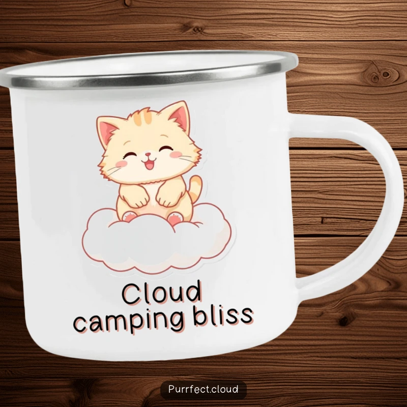 Funny fluffy cat camping mug, depicting a cat bouncing on a cloud, built for adventure and laughs.