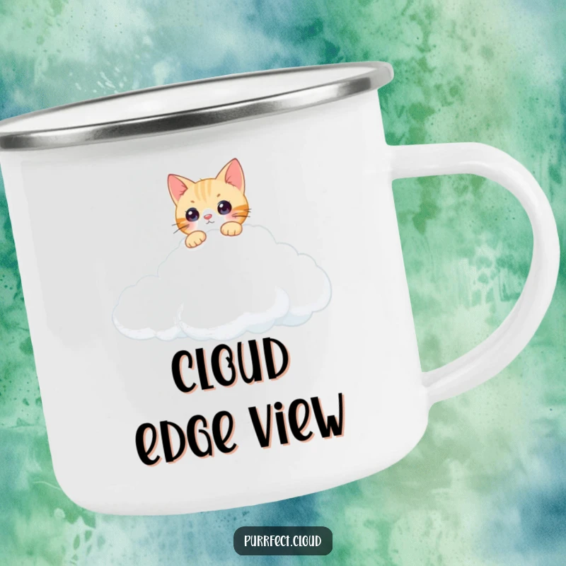 Funny curious cat cloud camping mug with a cat peeking over a cloud's edge, perfect for outdoor adventures and curious fans.
