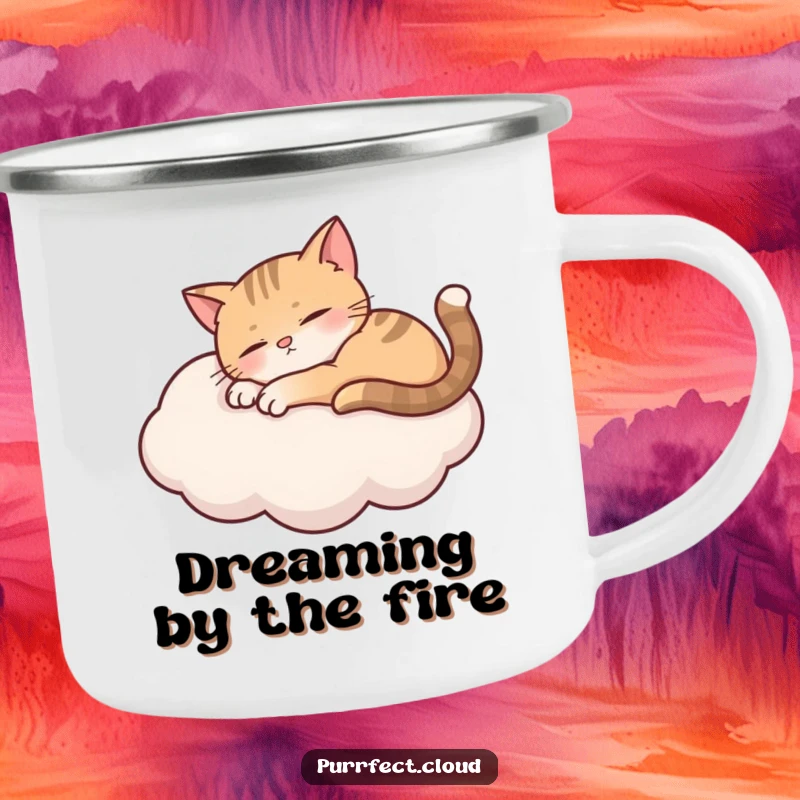 Funny curious cat peering over a cloud with wide eyes, a durable camping mug for explorers.