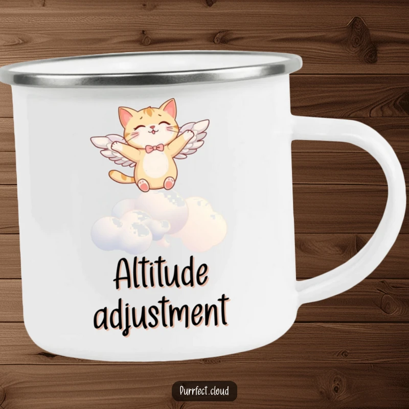 Funny angel cat camping mug, with wings, soaring joyfully above clouds, ideal for outdoor enjoyment and as a humorous gift.