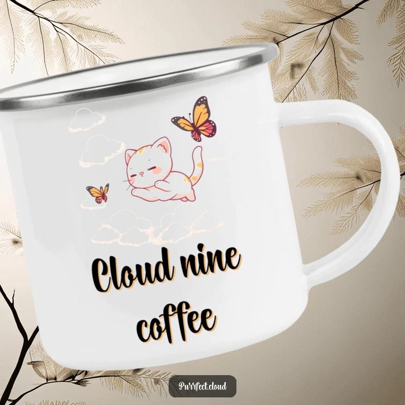 Funny Camping Mug: A durable mug with a cat chasing a butterfly through clouds, perfect for dreamy sips outdoors.