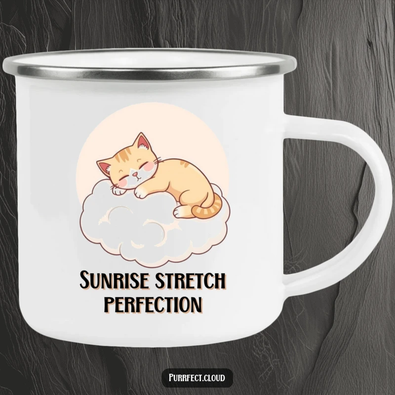 Funny Cat Cloud Camping Mug, a cat stretches on a pink cloud, content and relaxed, durable enamelware.