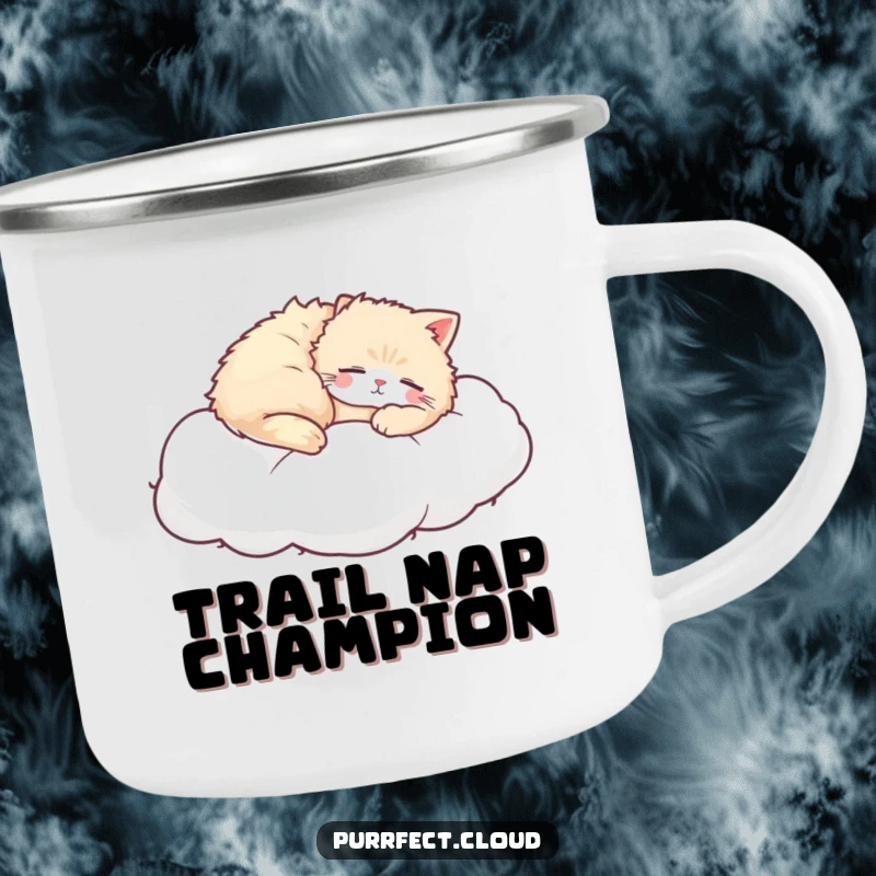 Funny Cat Cloud Camping Mug, a cat naps on a cloud, durable enamelware for outdoor use, humorous and serene present.