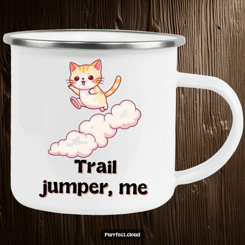 Funny cat camping mug with a cat jumping between clouds, adventurous outdoor companion, a daring funny gift.