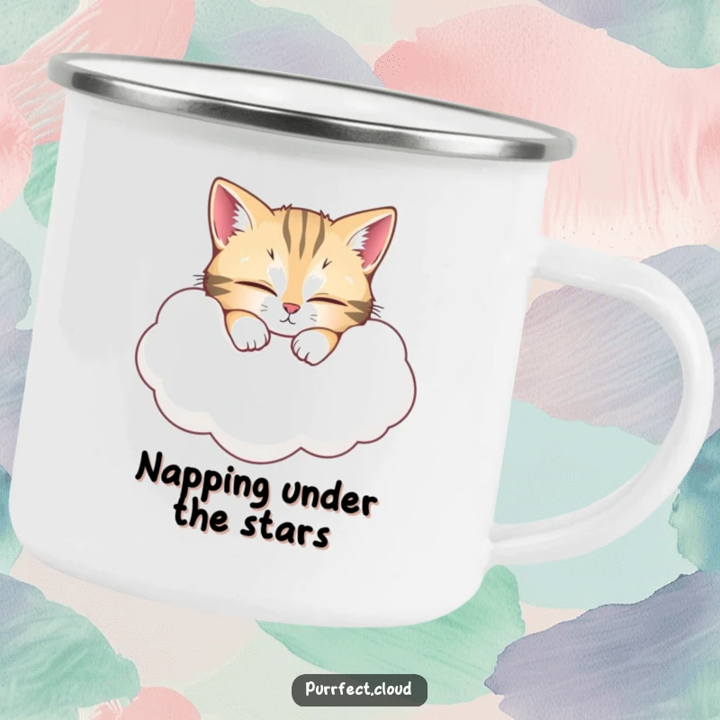 Funny Cat Camping Mug: Wide-eyed cat snoozing on a cloud, durable outdoor drinkware with a humorous and cozy design. A great funny gift.
