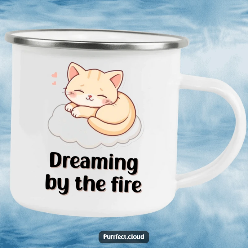 Funny camping mug featuring a cat smiling while dreaming on a cloud, ideal for outdoor trips and happy moments.