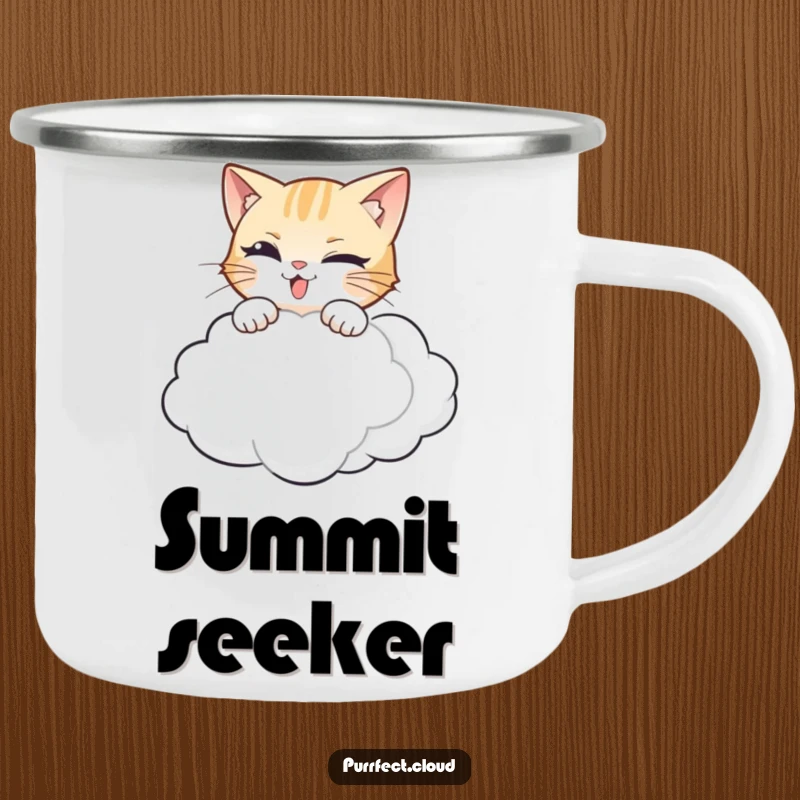 Funny cat camping mug showing a mischievous cat in mid-pounce, targeting a fluffy cloud.