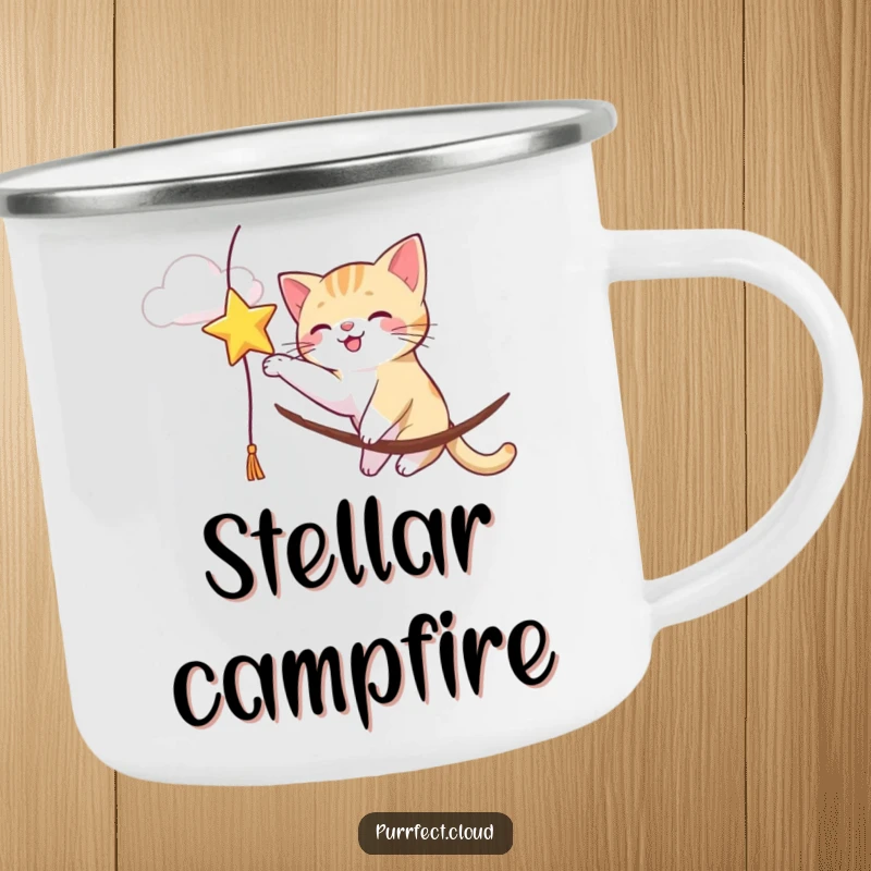 Funny cat batting a dangling star from a cloud, a playful scene on this durable camping mug for adventures.