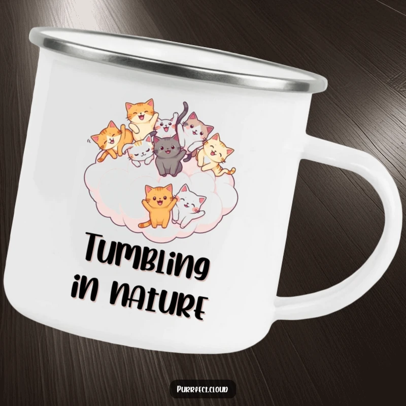 Funny Cat Tumble Camping Mug: Joyful cats tumbling on a cloud, durable outdoor drinkware with playful humor. A great funny gift.