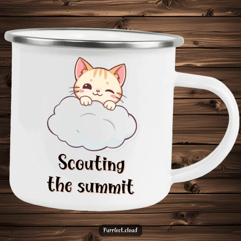 Funny camping mug with a curious cat peeking over a cloud, perfect for enjoying beverages during outdoor adventures.