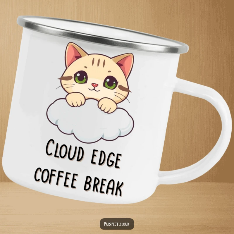 Funny cat camping mug showing a curious cat peeking over a cloud, durable and humorous for outdoor exploration.